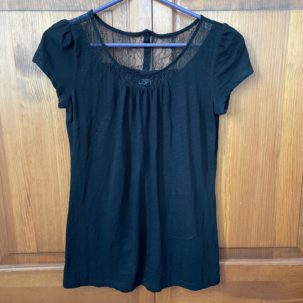 Loft Black Short Sleeve Tee with Lacy Detail